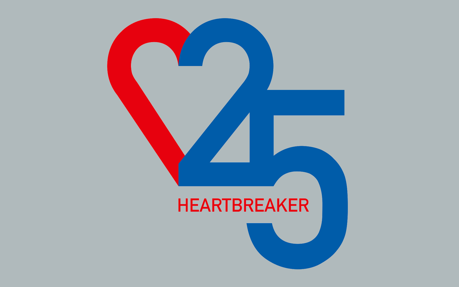 25 Jahre Heartbreaker. Illustration bestehend aus der Zahl 25 in Blau und eines roten, halben Herzens, das mit der 2 ein ganzes Herz bildet.